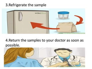 3.Refrigerate the sample
4.Return the samples to your doctor as soon as
possible.
 