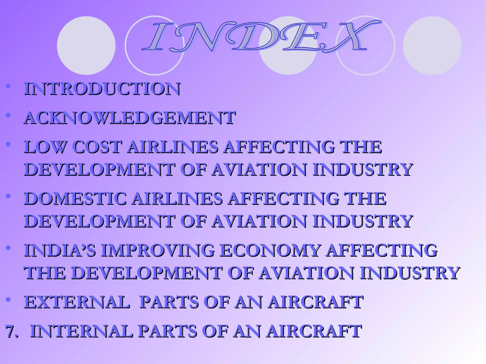 INTRODUCTION ACKNOWLEDGEMENT LOW COST AIRLINES AFFECTING THE   DEVELOPMENT OF AVIATION INDUSTRY DOMESTIC AIRLINES AFFECTING THE DEVELOPMENT OF AVIATION INDUSTRY INDIA’S IMPROVING ECONOMY AFFECTING THE DEVELOPMENT OF AVIATION INDUSTRY EXTERNAL  PARTS OF AN AIRCRAFT 7.   INTERNAL PARTS OF AN AIRCRAFT INDEX 