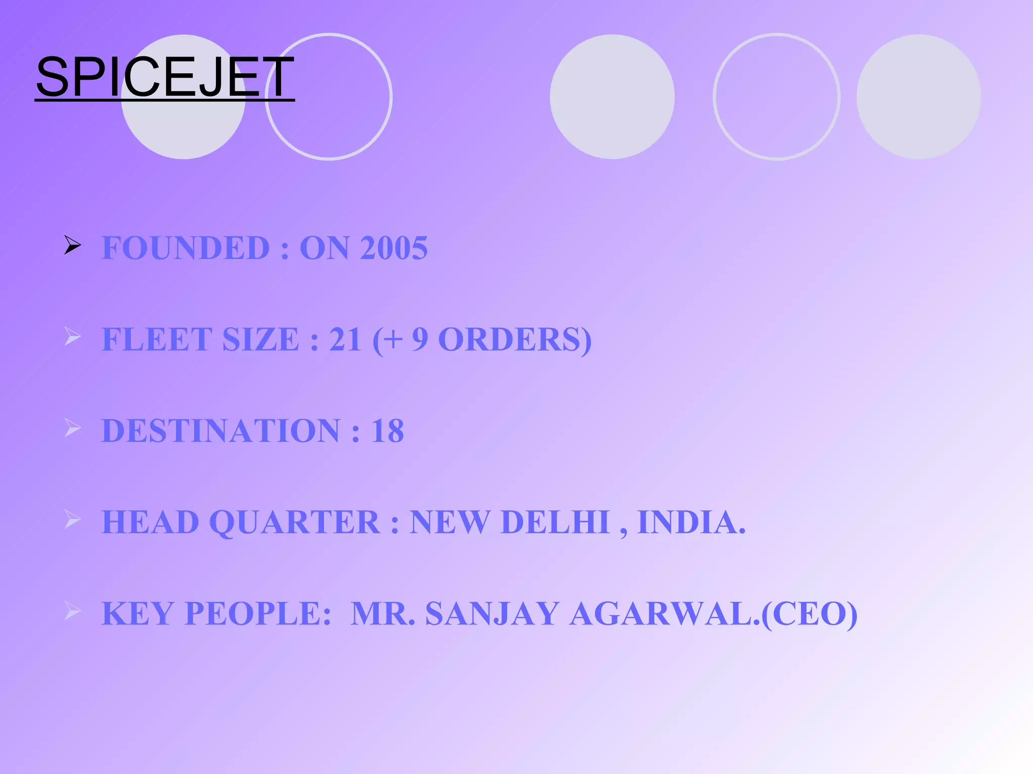 SPICEJET FOUNDED : ON 2005 FLEET SIZE : 21 (+ 9 ORDERS) DESTINATION : 18 HEAD QUARTER : NEW DELHI , INDIA. KEY PEOPLE:  MR. SANJAY AGARWAL.(CEO) 