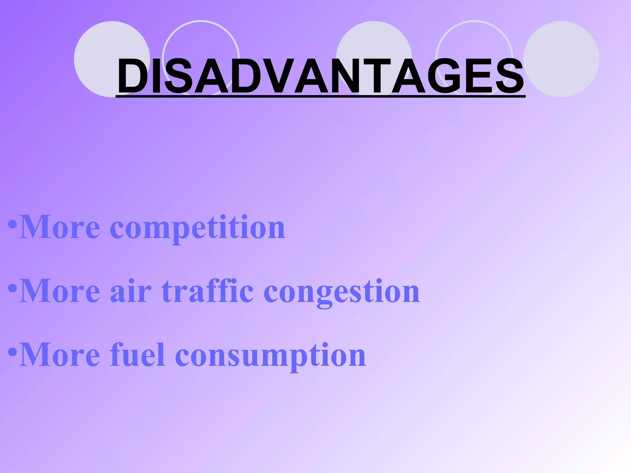 DISADVANTAGES More competition More air traffic congestion More fuel consumption 