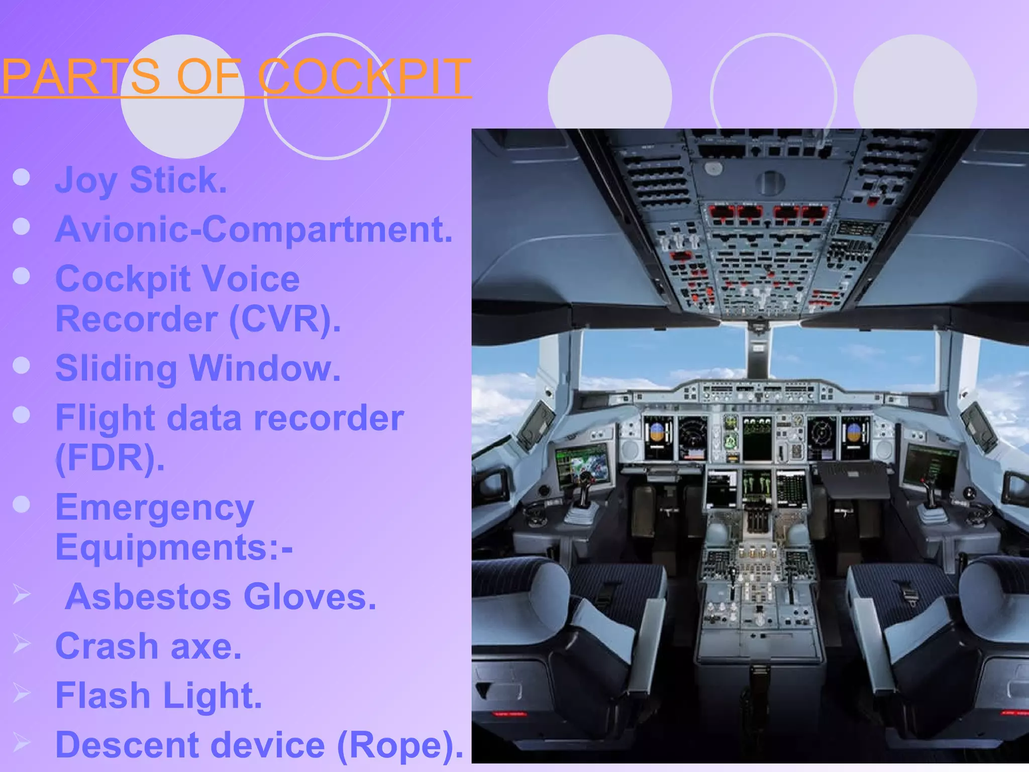 PARTS OF COCKPIT Joy Stick. Avionic-Compartment. Cockpit Voice Recorder (CVR). Sliding Window. Flight data recorder (FDR). Emergency Equipments:- Asbestos Gloves. Crash axe. Flash Light. Descent device (Rope). 