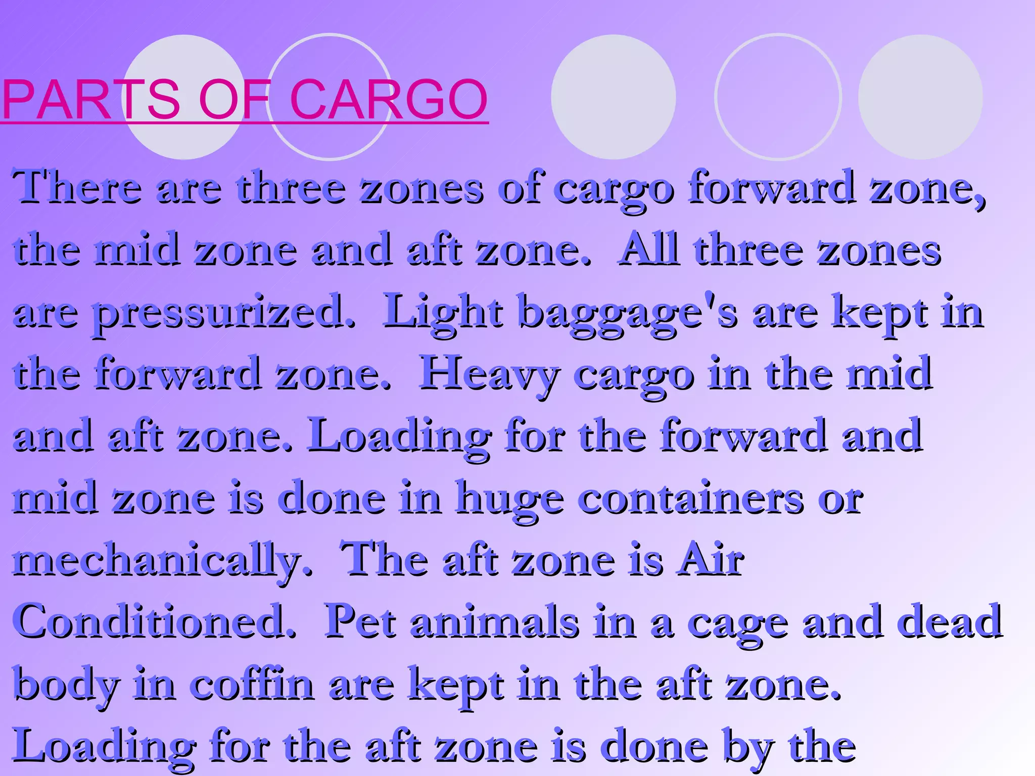 There are three zones of cargo forward zone, the mid zone and aft zone.  All three zones are pressurized.  Light baggage's are kept in the forward zone.  Heavy cargo in the mid and aft zone. Loading for the forward and mid zone is done in huge containers or mechanically.  The aft zone is Air Conditioned.  Pet animals in a cage and dead body in coffin are kept in the aft zone.  Loading for the aft zone is done by the loaders or manually. PARTS OF CARGO 