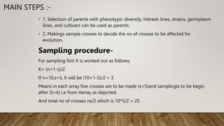 MAIN STEPS :-
• 1. Selection of parents with phenotypic diversity. Inbreds lines, strains, germplasm
lines, and cultivars can be used as parents.
• 2. Makings sample crosses to decide the no of crosses to be affected for
evolution.
Sampling procedure-
For sampling first K is worked out as follows;
K= (n+1-s)/2
If n=10,s=5, K will be (10+1-5)/2 = 3
Means in each array five crosses are to be made (s=5)and samplingis to be begin
after 3(=k) i.e from 4array as depicted.
And total no of crosses ns/2 which is 10*5/2 = 25
 
