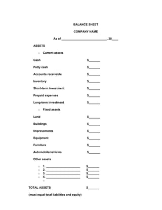 BALANCE SHEET
COMPANY NAME
As of ____________________________, 20____
ASSETS
o Current assets
Cash $_______
Petty cash $_______
Accounts receivable $_______
Inventory $_______
Short-term investment $_______
Prepaid expenses $_______
Long-term investment $_______
o Fixed assets
Land $_______
Buildings $_______
Improvements $_______
Equipment $_______
Furniture $_______
Automobile/vehicles $_______
Other assets
o 1. _____________________ $_______
o 2. _____________________ $_______
o 3. _____________________ $_______
o 4. _____________________ $_______
o
TOTAL ASSETS $_______
(must equal total liabilities and equity)
 