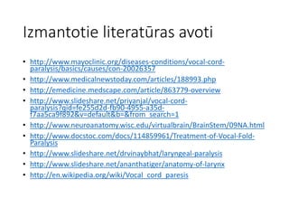 Izmantotie literatūras avoti
• http://www.mayoclinic.org/diseases-conditions/vocal-cord-
paralysis/basics/causes/con-20026357
• http://www.medicalnewstoday.com/articles/188993.php
• http://emedicine.medscape.com/article/863779-overview
• http://www.slideshare.net/priyanjal/vocal-cord-
paralysis?qid=fe255d2d-fb90-4955-a35d-
f7aa5ca9f892&v=default&b=&from_search=1
• http://www.neuroanatomy.wisc.edu/virtualbrain/BrainStem/09NA.html
• http://www.docstoc.com/docs/114859961/Treatment-of-Vocal-Fold-
Paralysis
• http://www.slideshare.net/drvinaybhat/laryngeal-paralysis
• http://www.slideshare.net/ananthatiger/anatomy-of-larynx
• http://en.wikipedia.org/wiki/Vocal_cord_paresis
 