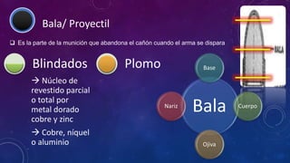 Bala/ Proyectil
 Es la parte de la munición que abandona el cañón cuando el arma se dispara
Bala
Base
Cuerpo
Ojiva
Nariz
 Núcleo de
revestido parcial
o total por
metal dorado
cobre y zinc
 Cobre, níquel
o aluminio
Blindados Plomo
 