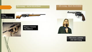 914 m/seg ALTA VELOCIDAD < 305 m/seg BAJA VELOCIDAD
Revolver y pistola
200-300 m/seg
Rifles
600-700 m/seg
Magpul masada
792-990m/s
 