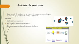 Análisis de residuos
 La presencia de residuos en las manos de una persona constituyen
indicios de que puede ser la autora del disparo.
Métodos:
 Activación de neutrones
 Microscopia electrónica de barrido
 Espectroscopia de absorción atómica sin llama
 