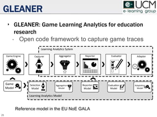 GLEANER
‣ GLEANER: Game Learning Analytics for education
research
• Open code framework to capture game traces
25
Reference model in the EU NoE GALA
 