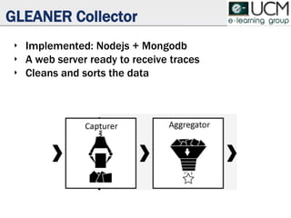 GLEANER Collector
‣ Implemented: Nodejs + Mongodb
‣ A web server ready to receive traces
‣ Cleans and sorts the data
 