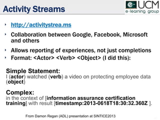 45
Activity Streams
‣ http://activitystrea.ms
‣ Collaboration between Google, Facebook, Microsoft
and others
‣ Allows reporting of experiences, not just completions
‣ Format: <Actor> <Verb> <Object> (I did this):
Simple Statement:
I (actor) watched (verb) a video on protecting employee data
(object)
Complex:
in the context of [information assurance certification
training] with result [timestamp:2013-0618T18:30:32.360Z ].
From Damon Regan (ADL) presentation at SINTICE2013
 