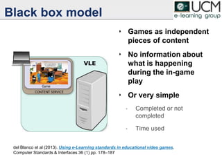 Black box model
‣ Games as independent
pieces of content
‣ No information about
what is happening
during the in-game
play
‣ Or very simple
• Completed or not
completed
• Time used
5
del Blanco et al (2013). Using e-Learning standards in educational video games.
Computer Standards & Interfaces 36 (1) pp. 178–187
 