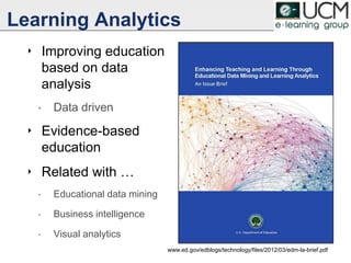 Learning Analytics
‣ Improving education
based on data
analysis
• Data driven
‣ Evidence-based
education
‣ Related with …
• Educational data mining
• Business intelligence
• Visual analytics
6
www.ed.gov/edblogs/technology/files/2012/03/edm-la-brief.pdf
 