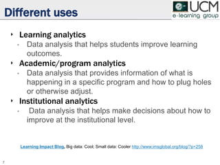 Different uses
‣ Learning analytics
• Data analysis that helps students improve learning
outcomes.
‣ Academic/program analytics
• Data analysis that provides information of what is
happening in a specific program and how to plug holes
or otherwise adjust.
‣ Institutional analytics
• Data analysis that helps make decisions about how to
improve at the institutional level.
7
Learning Impact Blog, Big data: Cool; Small data: Cooler http://www.imsglobal.org/blog/?p=258
 