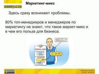 Здесь сразу возникают проблемы.
80% топ-менеджеров и менеджеров по
маркетингу не знают, что такое маркет-микс и
в чем его польза для бизнеса.
Маркетинг-микс
 