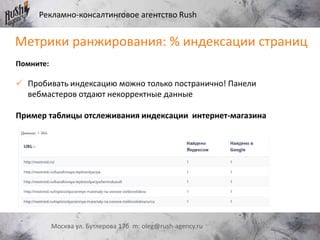 Рекламно-консалтинговое агентство Rush
Москва ул. Бутлерова 17б m: oleg@rush-agency.ru
Метрики ранжирования: % индексации страниц
Помните:
 Пробивать индексацию можно только постранично! Панели
вебмастеров отдают некорректные данные
Пример таблицы отслеживания индексации интернет-магазина
 