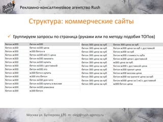 Рекламно-консалтинговое агентство Rush
Москва ул. Бутлерова 17б m: oleg@rush-agency.ru
 Группируем запросы по страница (руками или по методу подобия ТОПов)
Структура: коммерческие сайты
 