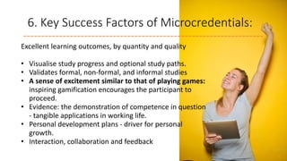 6. Key Success Factors of Microcredentials:
Excellent learning outcomes, by quantity and quality
• Visualise study progres...