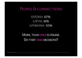 People & connections
                                               ESTONIA 67%
                                                 LATVIA 61%
                                              LITHUANIA 55%


                              More, than half is online.
                               Do they take decisions?


Data:	
  Euromonitor	
  ,	
  h"p://epp.eurostat.ec.europa.eu/tgm/table.do?tab=table&init=1&language=en&pcode=.n00061&plugin=1	
  
 