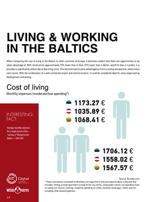 14
LIVING & WORKING
IN THE BALTICS
When comparing the cost of living in the Baltics to other countries of Europe, it becomes evident that there are opportunities to be
taken advantage of. With rental prices approximately 72% lower than in Oslo, 57% lower than in Berlin, and 81% than in London, it is
possible to significantly reduce day to day living costs. This becomes particularly advantageous from a startup perspective, where every
cent counts. With the combination of a well-connected airport and central location, it could be considered ideal for early stage startup
development and testing.
Cost of living
Monthly expenses (moderate/low spending*)
Source: Numbeo.com
* These calculations are based on Numbeo.com algorithms and assumptions about a lifestyle that
includes: renting a small apartment outside of the city center, using public transit, not spending much
on eating out, leisure, clothing, moderate spending on coffee, alcoholic beverages, travel, and not
including child-related expenses.
1173.27 
1035.89 
1068.41 
1706.12 
1558.02 
1567.57 
14
Average monthly expenses
for a single person with a
“startup-y”lifestyle in the
Baltics = 1093 EUR
INTERESTING
FACT:
 