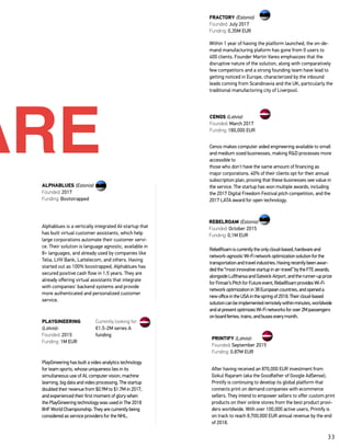 33
Within 1 year of having the platform launched, the on-de-
mand manufacturing plaform has gone from 0 users to
400 clients. Founder Martin Vares emphasizes that the
disruptive nature of the solution, along with comparatively
few competitors and a strong founding team have lead to
getting noticed in Europe, characterized by the inbound
leads coming from Scandinavia and the UK, particularly the
traditional manufactoring city of Liverpool.
Cenos makes computer aided engineering available to small
and medium sized businesses, making R&D processes more
accessible to
those who don't have the same amount of financing as
major corporations. 40% of their clients opt for their annual
subscription plan, proving that these businesses see value in
the service. The startup has won multiple awards, including
the 2017 Digital Freedom Festival pitch competition, and the
2017 LATA award for open technology.
After having received an 870,000 EUR investment from
Gokul Rajaram (aka the Goodfather of Google AdSense),
Printify is continuing to develop its global platform that
connects print on demand companies with ecommerce
sellers. They intend to empower sellers to offer custom print
products on their online stores from the best product provi-
ders worldwide. With over 100,000 active users, Printify is
on track to reach 8,700,000 EUR annual revenue by the end
of 2018.
FRACTORY (Estonia)
Founded: July 2017
Funding: 0,35M EUR
CENOS (Latvia)
Founded: March 2017
Funding: 180,000 EUR
PRINTIFY (Latvia):
Founded: September 2015
Funding: 0.87M EUR
RebelRoamiscurrentlytheonlycloud-based,hardwareand
network-agnosticWi-Finetworkoptimizationsolutionforthe
transportationandtravelindustries.Havingrecentlybeenawar-
dedthe“mostinnovativestartupinair-travel”bytheFTEawards,
alongsideLufthansaandGatwickAirport,andtherunner-upprize
forFinnair’sPitchforFutureevent,RebelRoamprovidesWi-Fi
networkoptimizationin38Europeancountries,andopeneda
newofficeintheUSAinthespringof2018.Theircloud-based
solutioncanbeimplementedremotelywithinminutes,worldwide
andatpresentoptimizesWi-Finetworksforover2Mpassengers
onboardferries,trains,andbuseseverymonth.
Alphablues is a vertically integrated AI-startup that
has built virtual customer assistants, which help
large corporations automate their customer servi-
ce. Their solution is language agnostic, available in
8+ languages, and already used by companies like
Telia, LHV Bank, Lattelecom, and others. Having
started out as 100% boostrapped, Alphablues has
secured positive cash flow in 1.5 years. They are
already offering virtual assistants that integrate
with companies' backend systems and provide
more authenticated and personalized customer
service.
PlayGineering has built a video analytics technology
for team sports, whose uniqueness lies in its
simultaneous use of AI, computer vision, machine
learning, big data and video processing. The startup
doubled their revenue from $0.9M to $1.7M in 2017,
and experienced their first moment of glory when
the PlayGineering technology was used in The 2018
IIHF World Championship. They are currently being
considered as service providers for the NHL.
REBELROAM (Estonia):
Founded: October 2015
Funding: 0,1M EUR
ALPHABLUES (Estonia)
Founded: 2017
Funding: Bootstrapped
PLAYGINEERING
(Latvia):
Founded: 2015
Funding: 1M EUR
Currently looking for:
€1.5-2M series A
funding
ARE
 