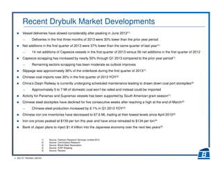 14 BALTIC TRADING LIMITED
Recent Drybulk Market Developments
Vessel deliveries have slowed considerably after peaking in June 2012(1)
― Deliveries in the first three months of 2013 were 30% lower than the prior year period
Net additions in the first quarter of 2013 were 37% lower than the same quarter of last year(1)
― 14 net additions of Capesize vessels in the first quarter of 2013 versus 56 net additions in the first quarter of 2012
Capesize scrapping has increased by nearly 50% through Q1 2013 compared to the prior year period(1)
― Remaining sectors scrapping has been moderate as outlook improves
Slippage was approximately 36% of the orderbook during the first quarter of 2013(1)
Chinese coal imports rose 30% in the first quarter of 2013 YOY(2)
China’s Daqin Railway is currently undergoing scheduled maintenance leading to drawn down coal port stockpiles(2)
― Approximately 5 to 7 Mt of domestic coal won’t be railed and instead could be imported
Activity for Panamax and Supramax vessels has been supported by South American grain season(1)
Chinese steel stockpiles have declined for five consecutive weeks after reaching a high at the end of March(2)
― Chinese steel production increased by 9.1% in Q1 2013 YOY(3)
Chinese iron ore inventories have decreased to 67.6 Mt, trading at their lowest levels since April 2010(2)
Iron ore prices peaked at $159 per ton this year and have since retreated to $134 per ton(4)
Bank of Japan plans to inject $1.4 trillion into the Japanese economy over the next two years(5)
1) Source: Clarkson Research Services Limited 2013
2) Source: Commodore Research
3) Source: World Steel Association
4) Source: ICAP Shipping
5) Source: Reuters
 