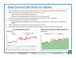 16 BALTIC TRADING LIMITED
Steel Demand Still Drives the Market
Robust steel production in China, Japan and India pushed global steel production to a record setting 135 Mt in March 2013(1)
India’s steel demand is projected to grow by 5.9% in 2013 and 7.0% in 2014(2)
― India produced a high of 6.9 Mt of steel in March 2013
― India plans to increase steel capacity to 130 Mt by 2014/15 from 70 Mt currently(3)
Total seaborne iron ore and coal trade are estimated to grow by 6% and 5% YOY in 2013, respectively(4)
China’s fixed-asset investment rose 20.9% in Q1 2013 YOY(5)
― China’s urbanization rate is expected to grow to 60% by 2020 as compared to 51% today and 80% for most developed
nations(6)
NDRC announced that 42 new transport hubs will be built by the end of 2015(1)
China remains focused on revitalizing the northeast as the NDRC said more funding will be provided to aging cities(1)
1) Source: Commodore Research
2) Source: World Steel Association
5) Source: National Bureau of Statistics
6) Source: J.P. Morgan, Hands-On China Report
0
10
20
30
40
50
60
70
80
China EU27 (External Trade)
Japan South Korea
Iron Ore Imports by Country(4)
(million tons)
Chinese Iron Ore Imports vs. Steel Production(2)(4)
(million tons)
0
10
20
30
40
50
60
70
80
Steel Production Iron Ore Imports
3) Source: Reuters
4) Source: Clarkson Research Services Limited 2013
 