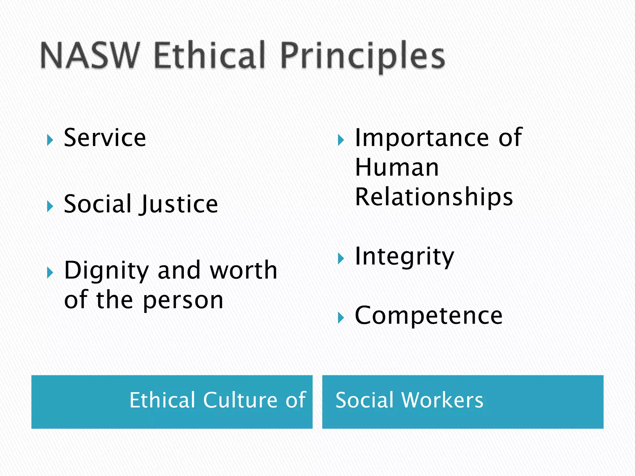 Ethical Culture of Social Workers
 Service
 Social Justice
 Dignity and worth
of the person
 Importance of
Human
Relationships
 Integrity
 Competence
 