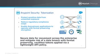 All contents © MuleSoft Inc.
Anypoint Security: Tokenization
●
●
●
Protect sensitive data from
unwanted exposure
Reduce regulatory compliance
scope
Enable downstream applications to
operate with format preserving
encryption
Secure data for movement across the enterprise
and mitigate risk of a data breach with format
preserving, vaultless tokens applied via a
lightweight API policy. 65
 
