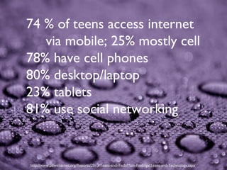 http://www.pewinternet.org/Reports/2013/Teens-and-Tech/Main-Findings/Teens-and-Technology.aspx
74 % of teens access internet
via mobile; 25% mostly cell
78% have cell phones
80% desktop/laptop
23% tablets
81% use social networking
 