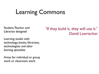 Learning Commons
Student,Teacher and
Librarian designed
Learning studio with
technology, books, librarians,
technologists and other
learning specialists
Areas for individual or group
work or classroom work
“If they build it, they will use it.”
David Loertscher
 