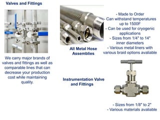 Valves and Fittings
We carry major brands of
valves and fittings as well as
comparable lines that can
decrease your production
cost while maintaining
quality.
Instrumentation Valve
and Fittings
- Sizes from 1/8" to 2"
- Various materials avaliable
All Metal Hose
Assemblies
- Made to Order
- Can withstand temperatures
up to 1500F
- Can be used for cryogenic
applications
- Sizes from 1/4" to 14"
inner diameters
- Various metal liners with
various braid options avaliable
 