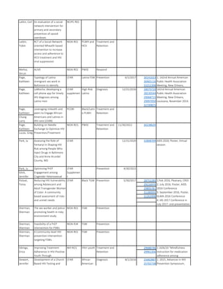 Latkin, Carl An evaluation of a social
network intervention for
primary and secondary
prevention of opioid
overdoses
NCIPC R01
Latkin,
Tobin
RCT of a Social-Network
oriented Mhealth based
intervention to increase
access and adherence to
HCV treatment and HIV
viral suppression
NIDA R01 PLWH and
HCV
Treatment and
Retention
Mehta,
Shruti
ALIVE NIDA R01 PWID Respond
30141023
30465116
33252308
28079720
28230544
29068715
29997050
32749875
Page,
Kathleen
Chang
Larry
Page,
Kathleen
Lucas, Greg
Park, Ju Assessing the Role of
Fentanyl in Shaping HIV
Risk among People Who
Inject Drugs in Baltimore
City and Anne Arundel
County, MD
CFAR 12/31/2020 32808709 AIDS 2020, Poster, Virtual
session
Park, Ju
Glick,
Jennifer
28752285
29216970
29895781
31180995
31263998
Sherman,
Sherman
The sex worker and police
promoting health in risky
environment study
NIDA R01 FSW Prevention
Sherman,
Sherman
Feasibility of a PrEP
intervention for FSWs
NIDA R34 FSW Prevention
Sherman,
Sherman
A Community-level HIV
prevention intervention
targeting FSWs
NIDA R01 FSW Prevention
29688746
25682887
25702738
1. 2015, Advances in HIV
Prevention Symposium,
Alicante, Spain.
2. 2016, Invited Speaker,
UCSF School of Nursing
Stewart,
Jennifer
Development of a Church
Based HIV Testing and
Linkage to Care
CFAR African
American
Diagnosis 8/1/2016
1.Feb 2016, Pleanary, CROI
2. July 2016, Poster, AIDS
2016 Conference
3. September 2016, Poster,
GLMA 2016 Conference
4. IAS 2017 Conference in
July 2017: oral presentation
Sibinga,
Erica
Improving Treatment
Adherence in HIV-Positive
Youth Through
NIH RO1 HIV+ youth Treatment and
Retention
1.10/6/20 “Mindfulness
instruction for medication
adherence among
29961356
Poteat,
Tonia
Reducing HIV Vulnerability
among Adolescent and
Adult Transgender Women
of Color: A community
based assessment of risks
and unmet needs
CFAR Black TGW Prevention 5/30/2017
Optimizing PrEP
Engagement among
Cisgender Heterosexual
CFAR
Supplemen
t
Prevention 4/30/2022
Building on Needle
Exchange to Optimize HIV
Prevention/Treatment
NIDA RO1 PWID Treatment and
Retention
11/30/2022 34238629
142nd Annual American
Public Health Association
Meeting, New Orleans,
Louisiana, November 2014.
Leveraging mHealth and
peers to Engage African-
Americans and Latinxs in
HIV care (LEAN)
PCORI Black/Latin
o PLWH
Treatment and
Retention
Page,
Kathleen
LaMocha: developing a
cell phone app for timely
HIV diagnosis among
Latino men
CFAR
supplemen
t
High Risk
Latino
Diagnosis 12/31/2016
Page,
Kathleen
Typology of Latina
immigrant sex work in
Baltimore to identify
CFAR Latina FSW Prevention 6/1/2017 1. 142nd Annual American
Public Health Association
Meeting, New Orleans,
 