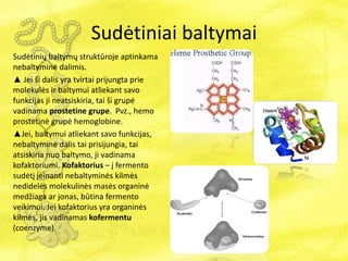 Sudėtiniai baltymai
Sudėtinių baltymų struktūroje aptinkama
nebaltyminė dalimis.
▲ Jei ši dalis yra tvirtai prijungta prie
molekulės ir baltymui atliekant savo
funkcijas ji neatsiskiria, tai ši grupė
vadinama prostetine grupe. Pvz., hemo
prostetinė grupė hemoglobine.
▲Jei, baltymui atliekant savo funkcijas,
nebaltyminė dalis tai prisijungia, tai
atsiskiria nuo baltymo, ji vadinama
kofaktoriumi. Kofaktorius – į fermento
sudėtį įeinanti nebaltyminės kilmės
nedidelės molekulinės masės organinė
medžiaga ar jonas, būtina fermento
veikimui. Jei kofaktorius yra organinės
kilmės, jis vadinamas kofermentu
(coenzyme).
 