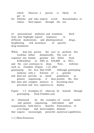 which illnesses a person is likely to
get in
his lifetime and take stepsto avoid thesemaladies or
reduce their impact through the use
of personalized medicine and treatment. Such
tests also highlight typical responses to
different medications and pharmaceutical drugs,
heightening risk awareness of specific
drug treatments.
While data has grown, the cost to perform this
work has fallen dramatically. The cost to
sequence one human genome has fallen from
$100 million in 2001 to $10,000 in 2011,
and the cost continues to drop. Now, websites
such as 23andme (Figure 1.2) offer
genotyping for less than $100. Although genotyping
analyzes only a fraction of a genome
and does not provide as much granularity as
genetic sequencing, it does pointto the fact
that data and complex analysis is becoming more
prevalent and less expensive to deploy.
Figure 1.2 Examples of what can be learned through
genotyping, from 23andme.com
As illustrated by the examples of social media
and genetic sequencing, individuals and
organizations both derive benefits from analysis of
ever-larger and more complex datasets
that require increasingly powerful analytical capabilities.
1.1.1Data Structures
 