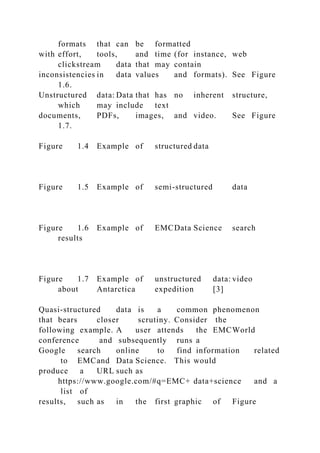 formats that can be formatted
with effort, tools, and time (for instance, web
clickstream data that may contain
inconsistencies in data values and formats). See Figure
1.6.
Unstructured data: Data that has no inherent structure,
which may include text
documents, PDFs, images, and video. See Figure
1.7.
Figure 1.4 Example of structured data
Figure 1.5 Example of semi-structured data
Figure 1.6 Example of EMCData Science search
results
Figure 1.7 Example of unstructured data: video
about Antarctica expedition [3]
Quasi-structured data is a common phenomenon
that bears closer scrutiny. Consider the
following example. A user attends the EMCWorld
conference and subsequently runs a
Google search online to find information related
to EMCand Data Science. This would
produce a URL such as
https://www.google.com/#q=EMC+ data+science and a
list of
results, such as in the first graphic of Figure
 