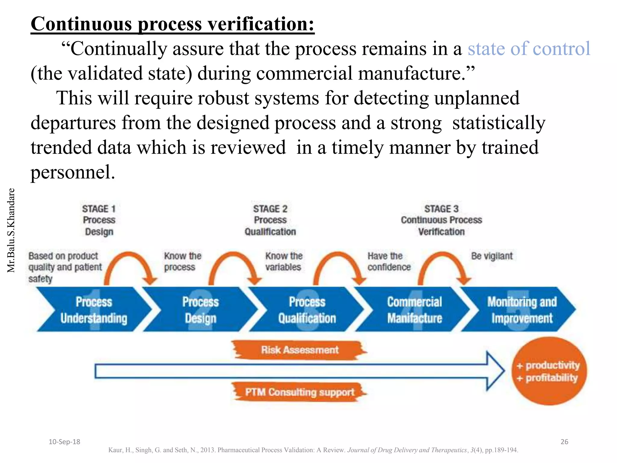 Mr.Balu.S.Khandare
Continuous process verification:
“Continually assure that the process remains in a state of control
(the validated state) during commercial manufacture.”
This will require robust systems for detecting unplanned
departures from the designed process and a strong statistically
trended data which is reviewed in a timely manner by trained
personnel.
Kaur, H., Singh, G. and Seth, N., 2013. Pharmaceutical Process Validation: A Review. Journal of Drug Delivery and Therapeutics, 3(4), pp.189-194.
2610-Sep-18
 