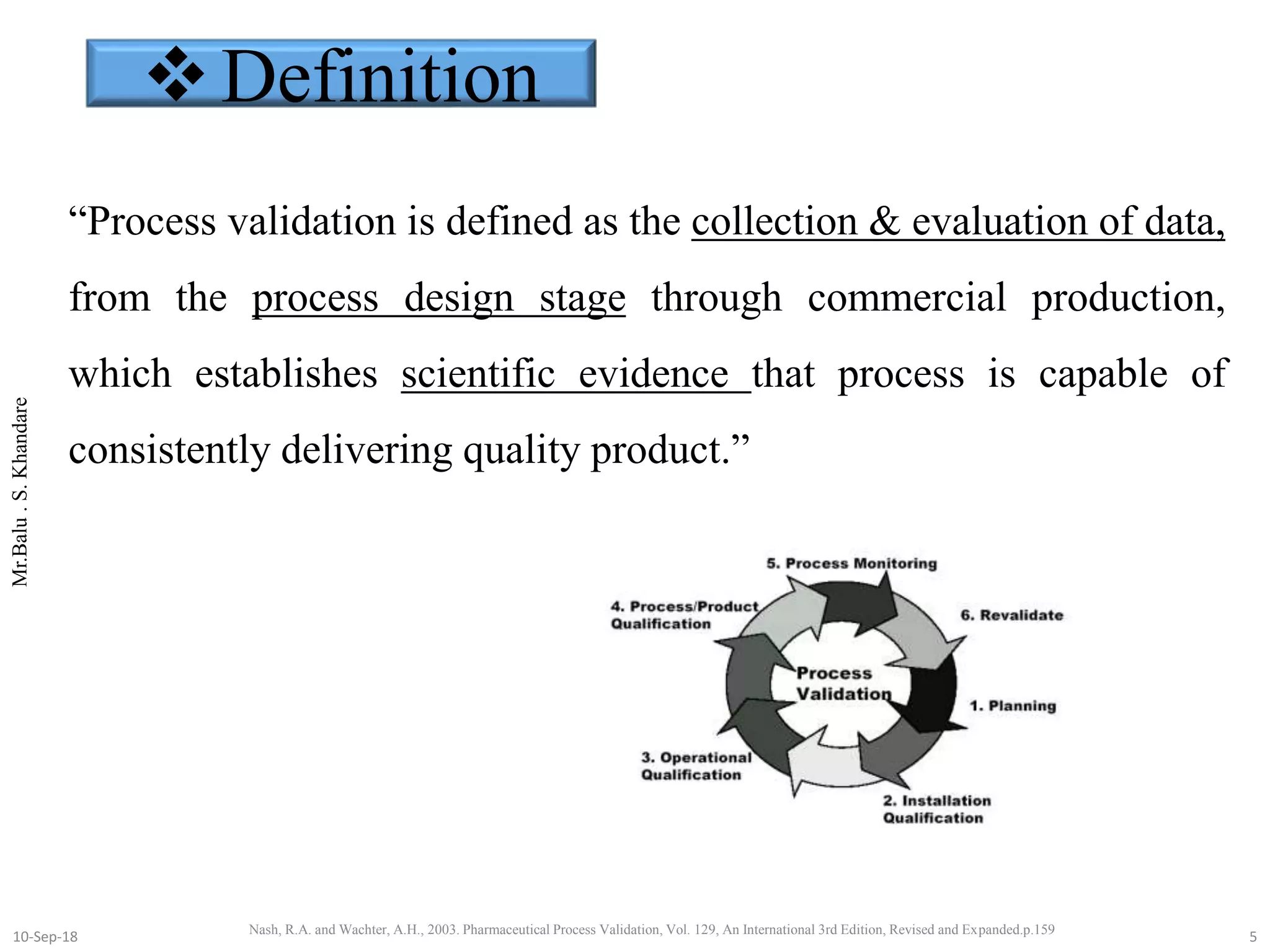 Mr.Balu.S.Khandare
“Process validation is defined as the collection & evaluation of data,
from the process design stage through commercial production,
which establishes scientific evidence that process is capable of
consistently delivering quality product.”
Definition
Nash, R.A. and Wachter, A.H., 2003. Pharmaceutical Process Validation, Vol. 129, An International 3rd Edition, Revised and Expanded.p.159
510-Sep-18
 
