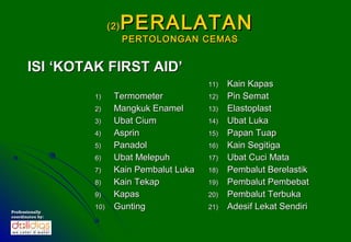 (2)   PERALATAN
                              PERTOLONGAN CEMAS


       ISI ‘KOTAK FIRST AID’
                                              11)   Kain Kapas
                  1)     Termometer           12)   Pin Semat
                  2)     Mangkuk Enamel       13)   Elastoplast
                  3)     Ubat Cium            14)   Ubat Luka
                  4)     Asprin               15)   Papan Tuap
                  5)     Panadol              16)   Kain Segitiga
                  6)     Ubat Melepuh         17)   Ubat Cuci Mata
                  7)     Kain Pembalut Luka   18)   Pembalut Berelastik
                  8)     Kain Tekap           19)   Pembalut Pembebat
                  9)     Kapas                20)   Pembalut Terbuka
Professionally
                  10)    Gunting              21)   Adesif Lekat Sendiri
coordinates by:
 