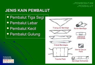 (3)   PEMBEBATAN
                                    & PEMBALUT


   JENIS KAIN PEMBALUT
       Pembalut Tiga Segi
       Pembalut Lebar
       Pembalut Kecil
       Pembalut Gulung




Professionally
coordinates by:
 