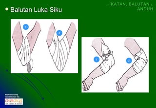 (4)   IKATAN, BALUTAN &
 Balutan             Luka Siku                        ANDUH



                  1

                             2




                                  1                2




Professionally
coordinates by:
 