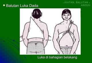  Balutan Luka DadaBalutan Luka Dada
Luka di bahagian belakangLuka di bahagian belakang
(4)(4) IKATAN, BALUTANIKATAN, BALUTAN &&
ANDUHANDUH
 