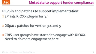 Metadata to support funder compliance:
Plug-in and patches to support implementation:
»EPrints RIOXX plug-in for 3.3
»DSpa...