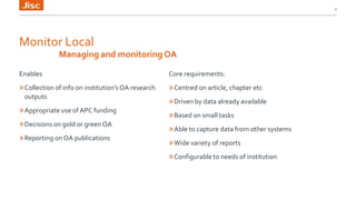 Monitor Local
Enables
»Collection of info on institution’sOA research
outputs
»Appropriate use of APC funding
»Decisions on gold or green OA
»Reporting on OA publications
6
Managing and monitoring OA
Core requirements:
»Centred on article, chapter etc
»Driven by data already available
»Based on small tasks
»Able to capture data from other systems
»Wide variety of reports
»Configurable to needs of institution
 