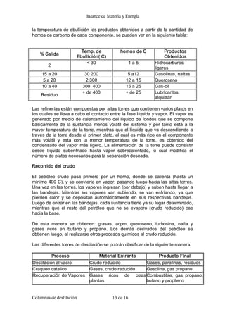 Balance de Materia y Energía 
Columnas de destilación  13 de 16 
la temperatura de ebullición los productos obtenidos a partir de la cantidad de 
homos de carbono de cada componente, se pueden ver en la siguiente tabla: 
% Salida 
Temp. de 
Ebullición( C) 
homos de C  Productos 
Obtenidos 
2 
< 30  1 a 5  Hidrocarburos 
ligeros 
15 a 20  30 200  5 a12  Gasolinas, naftas 
5 a 20  2 300  12 a 15  Queroseno 
10 a 40  300  400  15 a 25  Gas­oil 
Residuo 
+ de 400  + de 25  Lubricantes, 
alquitrán 
Las refinerías están compuestas por altas torres que contienen varios platos en 
los cuales se lleva a cabo el contacto entre la fase líquida y vapor. El vapor es 
generado por medio de calentamiento del líquido de fondos que se compone 
básicamente  de  la  sustancia  menos  volátil  del  sistema  y  por  tanto  está  a  la 
mayor temperatura de la torre, mientras que el líquido que va descendiendo a 
través de la torre desde el primer plato, el cual es más rico en el componente 
más  volátil  y  está  con  la  menor  temperatura  de  la  torre,  es  obtenido  del 
condensado del vapor más ligero. La alimentación de la torre puede consistir 
desde  líquido  subenfriado  hasta  vapor  sobrecalentado,  lo  cual  modifica  el 
número de platos necesarios para la separación deseada. 
Recorrido del crudo 
El  petróleo  crudo  pasa  primero  por  un  horno,  donde  se  calienta  (hasta  un 
mínimo 400 C), y se convierte en vapor, pasando luego hacia las altas torres. 
Una vez en las torres, los vapores ingresan (por debajo) y suben hasta llegar a 
las  bandejas.  Mientras  los  vapores  van  subiendo,  se  van  enfriando,  ya  que 
pierden  calor  y  se  depositan  automáticamente  en  sus  respectivas  bandejas. 
Luego de entrar en las bandejas, cada sustancia tiene ya su lugar determinado, 
mientras  que  el  resto  del  petróleo  que  no  se  evaporo  (crudo  reducido)  cae 
hacia la base. 
De  esta  manera  se  obtienen:  grasas,  acpm,  queroseno,  turbosina,  nafta  y 
gases  ricos  en  butano  y  propano.  Los  demás  derivados  del  petróleo  se 
obtienen luego, al realizarse otros procesos químicos al crudo reducido. 
Las diferentes torres de destilación se podrán clasificar de la siguiente manera: 
Proceso  Material Entrante  Producto Final 
Destilación al vacío  Crudo reducido  Gases, parafinas, residuos 
Craqueo catalico  Gases, crudo reducido  Gasolina, gas propano 
Recuperación de Vapores  Gases  ricos  de  otras 
plantas 
Combustible,  gas  propano, 
butano y propileno
 