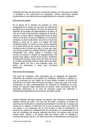 Balance de Materia y Energía 
Columnas de destilación  4 de 16 
mediante dos tipos de estructuras mecánicas básicas: las estructuras de platos 
o  bandejas  y  las  estructuras  de  empaques.  Ambas  estructuras  pueden 
encontrarse en una misma columna dependiendo de su diseño y utilización. 
Estructura de platos 
En  la  figura  de  la  derecha  se  muestra  un  corte 
longitudinal de un sector de una torre con estructuras 
de platos de un solo bajante. Tal como se aprecia, los 
bajantes de los platos van alternándose a un lado y al 
otro de la torre sucesivamente obligando al líquido a 
recorrer un largo camino zigzagueante hacia la parte 
inferior de la torre. El gas se desplaza en la dirección 
contraria, es decir hacia arriba, tal como lo indican las 
flechas  y  pasa  de  un  plato  a  la  región  del  plato 
inmediato superior a través de unos ductos ubicados 
en la parte activa de los mismos donde se realiza el 
contacto entre el líquido que baja y el gas que sube. 
Los ductos pueden ser simples orificios o estructuras 
compuestas  por  partes  rígidas  o  movibles  cuya 
función  es  ayudar  a  impedir  el  desplazamiento  del 
líquido hacia abajo a través de los ductos, facilitando 
el transporte del gas hacia arriba de modo de forzar 
el contacto gas­líquido sobre la parte activa del plato. 
Existen  platos  con  dos  y  tres  bajantes  cada  uno, 
platos  de  chimeneas  y  otros  para  funciones 
especiales. 
Estructura de empaques 
Una  zona  de  empaque,  está  compuesta  por  un  agregado  de  pequeños 
elementos  de  empaque  que  pueden  ser  metálicos,  cerámicos  o  plásticos  y 
que  se  acumulan  en  una  región  de  la  torre  donde  cumplen  la  función  de 
maximizar el contacto entre el líquido que baja y el gas que sube. Las zonas 
empacadas  se  usan  preferentemente  en  procesos  de  destilación  al  vacío 
donde  se  requieren  bajas  diferencias  de  presión.  Esta  acumulación  de  las 
pequeñas  estructuras  en  la  zona  de  empaque  puede  ser  ordenada  o 
desordenada dependiendo de la función que deba cumplir. 
Desde  mediados  del  siglo  pasado los  equipos  más  utilizados industrialmente 
estaban  hechos  de  acero  o  de  otro  tipo  de  metal  y  recibieron  el  nombre  de 
columnas de rectificación o columnas de destilación. Se trata de un equipo que 
consta de un calderín o rehervidor (en el cual se genera vapor), una columna 
con  platos  o  con  empaques  (en  la  cual  se  lleva  a  cabo  la  rectificación,  al 
ponerse los vapores en contracorriente con el líquido) y un condensador (en el 
cual  se  condensan  los  vapores  salientes  del  domo,  se  regresa  parte  de  ese 
líquido  como  ‘‘reflujo’’  y  se  extrae  parte  del  mismo  como  un  destilado  o 
producto del domo), figura 3. En estas columnas, la alimentación se efectúa por
 