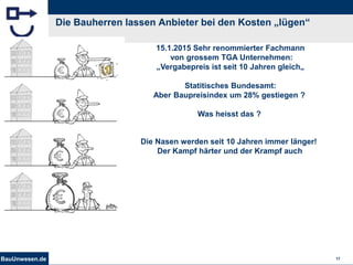 BauUnwesen.de 17
Die Bauherren lassen Anbieter bei den Kosten „lügen“
15.1.2015 Sehr renommierter Fachmann
von grossem TGA Unternehmen:
„Vergabepreis ist seit 10 Jahren gleich„
Statitisches Bundesamt:
Aber Baupreisindex um 28% gestiegen ?
Was heisst das ?
Die Nasen werden seit 10 Jahren immer länger!
Der Kampf härter und der Krampf auch
 