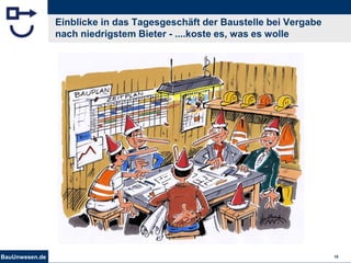 BauUnwesen.de 18
Einblicke in das Tagesgeschäft der Baustelle bei Vergabe
nach niedrigstem Bieter - ....koste es, was es wolle
 