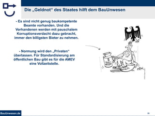 BauUnwesen.de 24
Die „Geldnot“ des Staates hilft dem BauUnwesen
- Es sind nicht genug baukompetente
Beamte vorhanden. Und die
Vorhandenen werden mit pauschalem
Korruptionsverdacht dazu gebracht,
immer den billigsten Bieter zu nehmen.
- Normung wird den „Privaten“
überlassen. Für Standardisierung am
öffentlichen Bau gibt es für die AMEV
eine Vollzeitstelle.
 