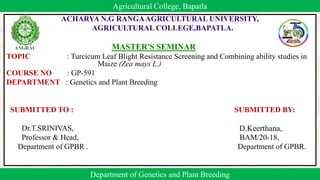 ACHARYA N.G RANGAAGRICULTURAL UNIVERSITY,
AGRICULTURAL COLLEGE,BAPATLA.
MASTER'S SEMINAR
TOPIC : Turcicum Leaf Blight Resistance Screening and Combining ability studies in
Maize (Zea mays L.)
COURSE NO : GP-591
DEPARTMENT : Genetics and Plant Breeding
SUBMITTED TO : SUBMITTED BY:
Dr.T.SRINIVAS,
Professor & Head, BAM/20-18,
Department of GPBR . Department of GPBR.
1
Agricultural College, Bapatla
Department of Genetics and Plant Breeding
D.Keerthana,
 